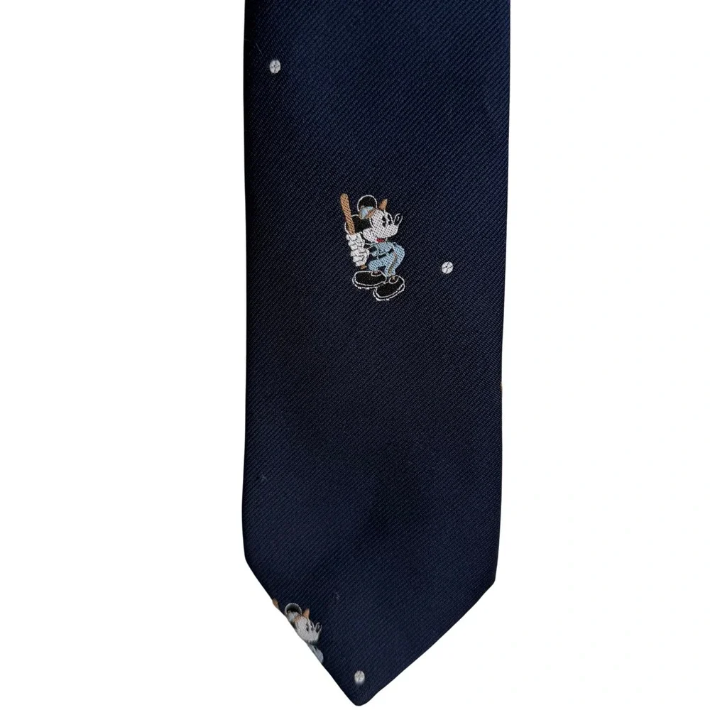 Disney Mickey Mouse Baseball Necktie Mens Navy Blue Embroidered Made in USA VTG